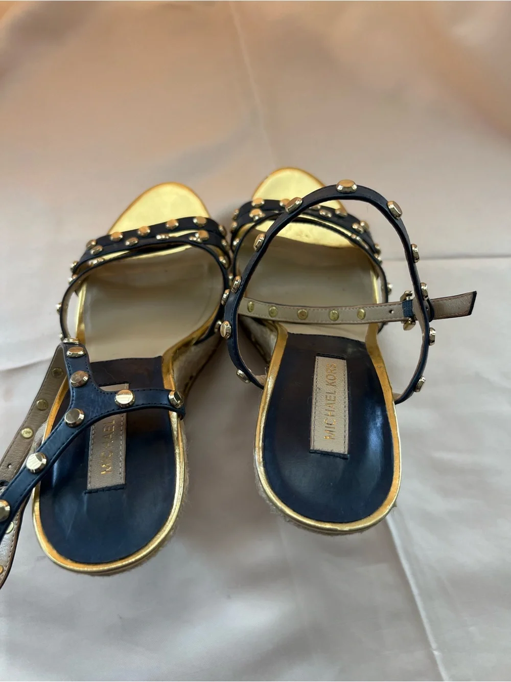 Michael Kors Black Leather Sandals with Gold Stud Accents